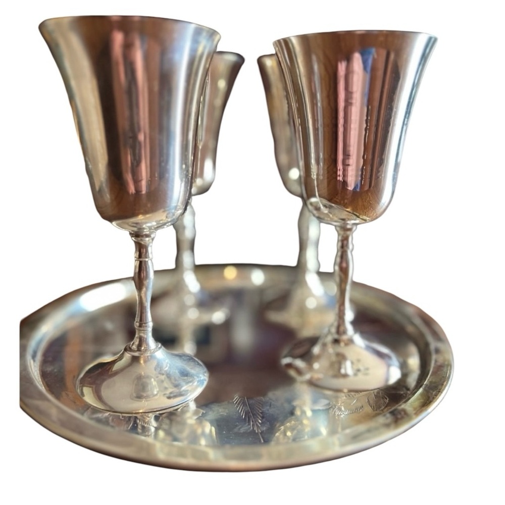 W&S Blackinton CO. Towle SilverPlated 5 piece wine set plain tray, 4 goblets
